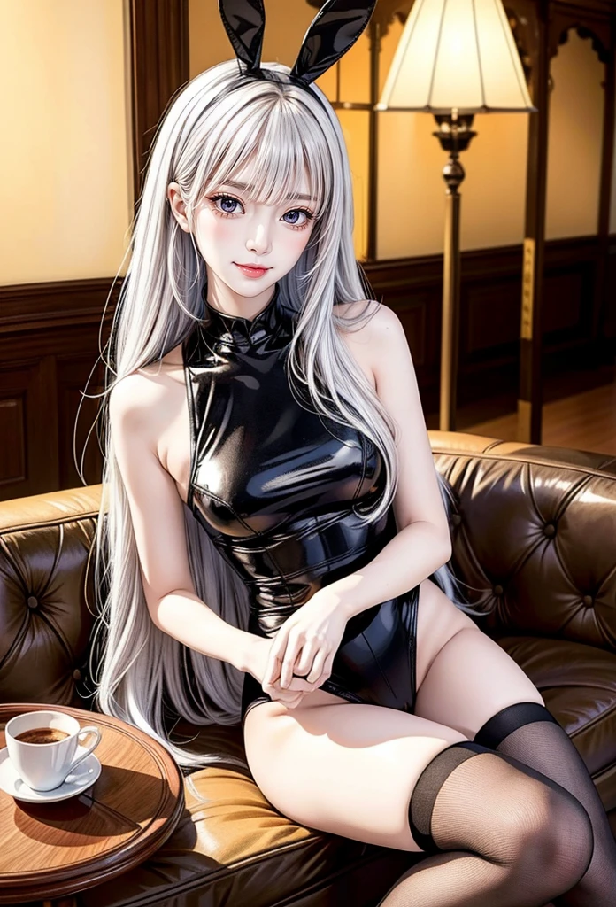 White_hair,long_hair,회색 eye동자,forehead,whole body, 1 girl, 20 years,junior,beautiful Finger,beautiful long legs,beautiful body,beautiful Nose,beautiful character design, perfect eye, perfect face,expressive eye,perfect balance, looking at viewer,(Focus on her face),closed mouth, (chaste_big_eye:1.0),(light_laugh:0.3), official art,very detailed CG Unity 8k 벽지, perfect lighting,fancy, bright_front_face_lighting,White skin, (masterpiece:1.0),(best_quality:1.0), ultra high resolution,4K,very detailed, photography, 8 thousand, HDR, mackerel, absurd:1.2, Kodak Portrait 400, film grain, blurred background, bokeh:1.2, lens flare, (vibrant_color:1.2),professional photography, (beautiful,small breasts), (beautiful_face:1.5),(small_waist),casino background,black pantyhose,black fishnet stockings, playboy_bunny, black rabbit ear band,Black high heels,crossing leg,black_leotard