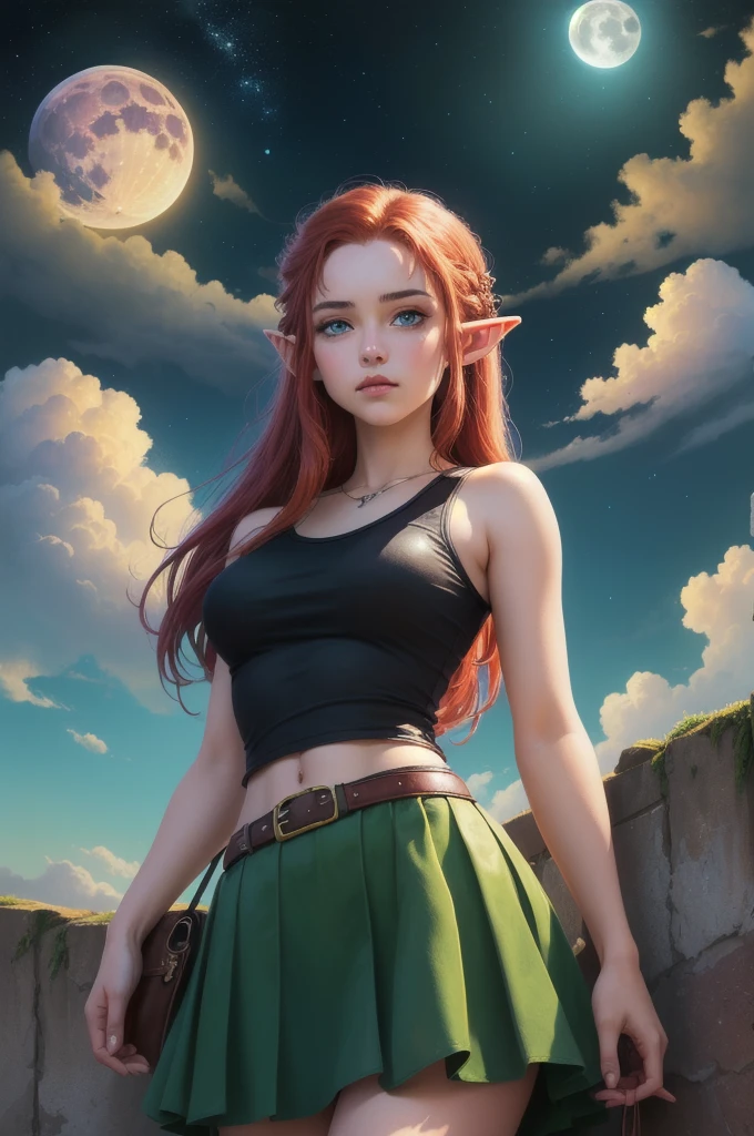 ((best quality)), ((masterpiece)), (detailed), (fantasy illustration:1.3), elf girl, red long hair, red hair, blue eyes, black leather tank top, green skirt, captivating pose, otherworldly charm, mystical sky, large moon, moonlit night, soft colors, (detailed cloudscape:1.3), (high-resolution:1.2), from below, (rating_explicit), (score_9, score_8_up, score_7_up, score_6_up, score_5_up, score_4_up, high res, 4k)