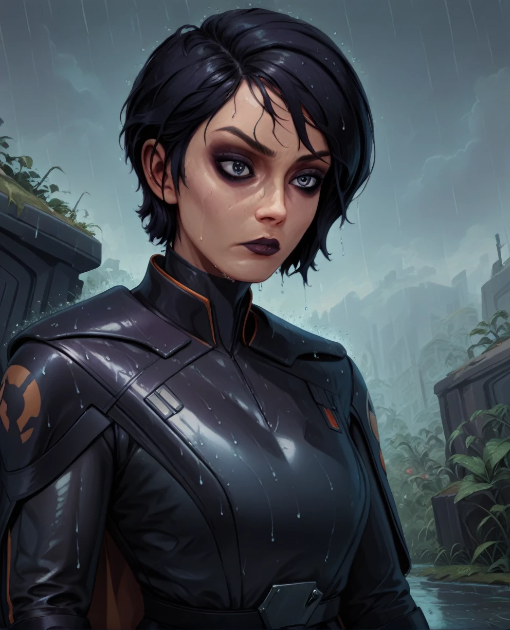 score_9,score_8_up,score_7_up,score_6_up, sabine wren ,,black hair, upper body, wet, armor,gloves,black bodysuit,black cape,belt,rain, science fiction,sith base, star wars, outdoors, rain, solo,fflixbag wearing armor sabine wren
