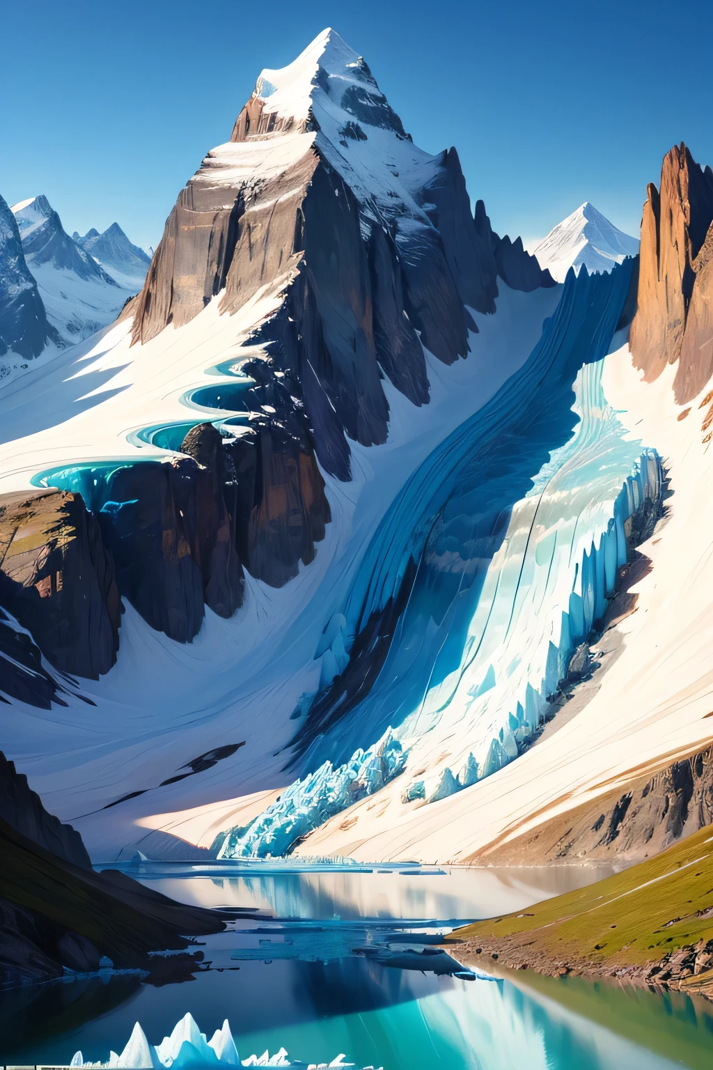 ((best qualityer)), ((work of art)), (detailded), a gigantic landscape with mountains in the background ,in front glaciers similar to the Perito Moreno Glacier