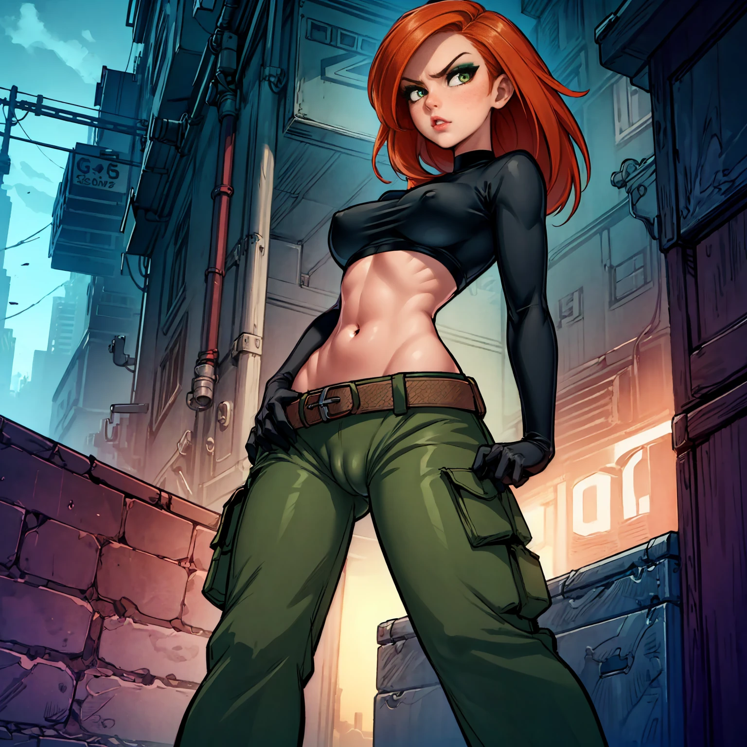 Kim Possible, ((long Orange-red hair, glowing green eyes, lipstick, eyeliner, makeup, narrow waist, skinny, medium breasts, alone)), pelvic curtain, ((black crop top, black gloves, brown belt, green cargo pants)), full body, perfect body, (insanely detailed, beautiful detailed face, masterpiece, best quality) , (((solo))), (((1girl))), (((mature))), (extremely detailed 8k paper CG wall unit: 1.1), (street, city, dusk), (serious face for the viewer), cameltoe view, from below, Arms crossed