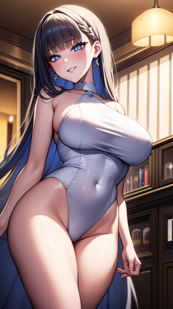 ((Masterpiece)), ((Best Quality)), (ultra detailed), ((extremely detailed)), 4k, (8k), Best Quality, (beautiful), animated style, look up from below, bar, evening, a pretty girl, 1 girl, Alone, It lasts, beautiful rainbow hair, beautiful blue eyes, ((beautiful eyes)), White skin, earrings, neck, SMILE