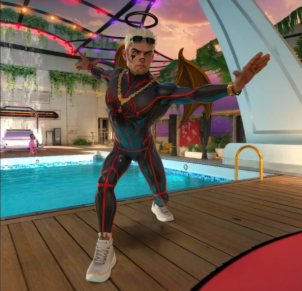 (highest quality,4K,8K,High resolution,masterpiece:1.2),Super detailed,(realistic,photorealistic,photo-realistic:1.37), The marvel, alone, homen, white bearded, short white hair, spider man clothes, spider man pants, spider man long sleeve shirt, White shoe, dark-skinned, pool environment, ultra hd 4K, gold chain, golden wing, goggles on forehead, golden dawn, heart face tattoo 