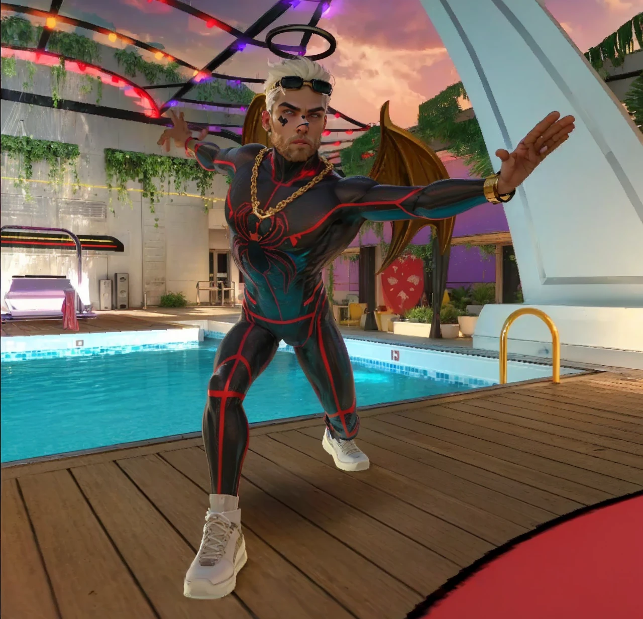 (highest quality,4K,8K,High resolution,masterpiece:1.2),Super detailed,(realistic,photorealistic,photo-realistic:1.37), The marvel, alone, homen, white bearded, short white hair, spider man clothes, spider man pants, spider man long sleeve shirt, White shoe, dark-skinned, pool environment, ultra hd 4K, gold chain, golden wing, goggles on forehead, golden dawn, heart face tattoo