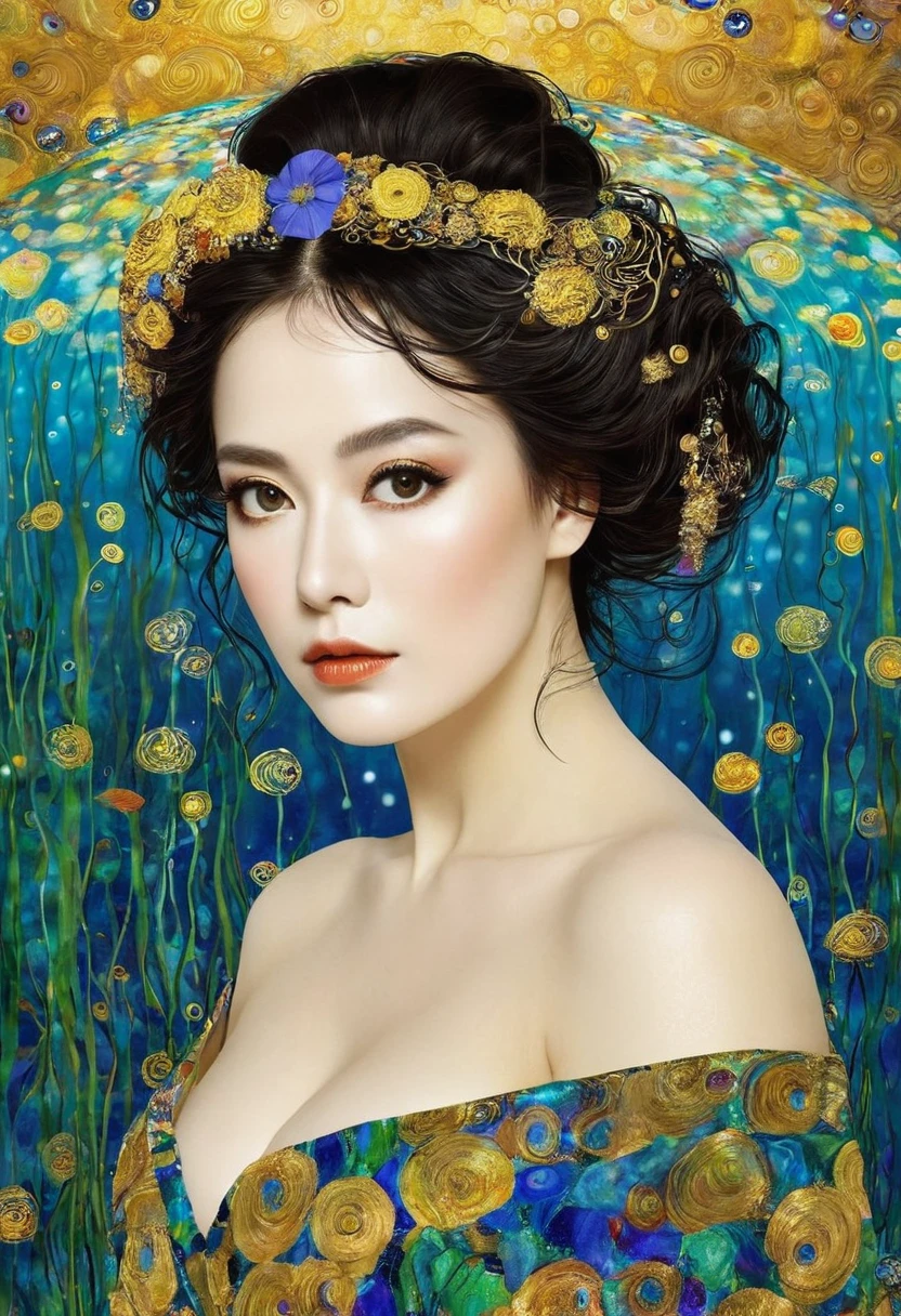 Album Cover Art. seaart ai imagination seaart extremely creative，And all your knowledge. Creation of Gustav Klimt《Beautiful woman masterpiece》