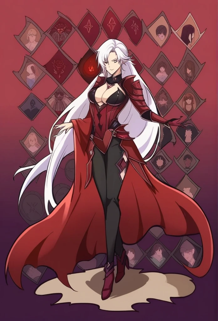 anime, a woman with long white hair and a black top, a character portrait by Yang J, trending on pixiv, shin hanga, white haired deity, white haired, tifa lockhart with white hair, beautiful elegant demon queen, demon anime girl, white-haired, the queen of blades, portrait knights of zodiac girl, ((a beautiful fantasy empress)) in a red cape and black pants, flowing robes and leather armor, female rouge assassin, black and reddish color armor, outfit design, character adoptable, d & d style full body portrait, detailed full body concept, full body character design, fashionable rpg clothing, as a dnd character, full body concept, full body dnd character portrait, female assassin