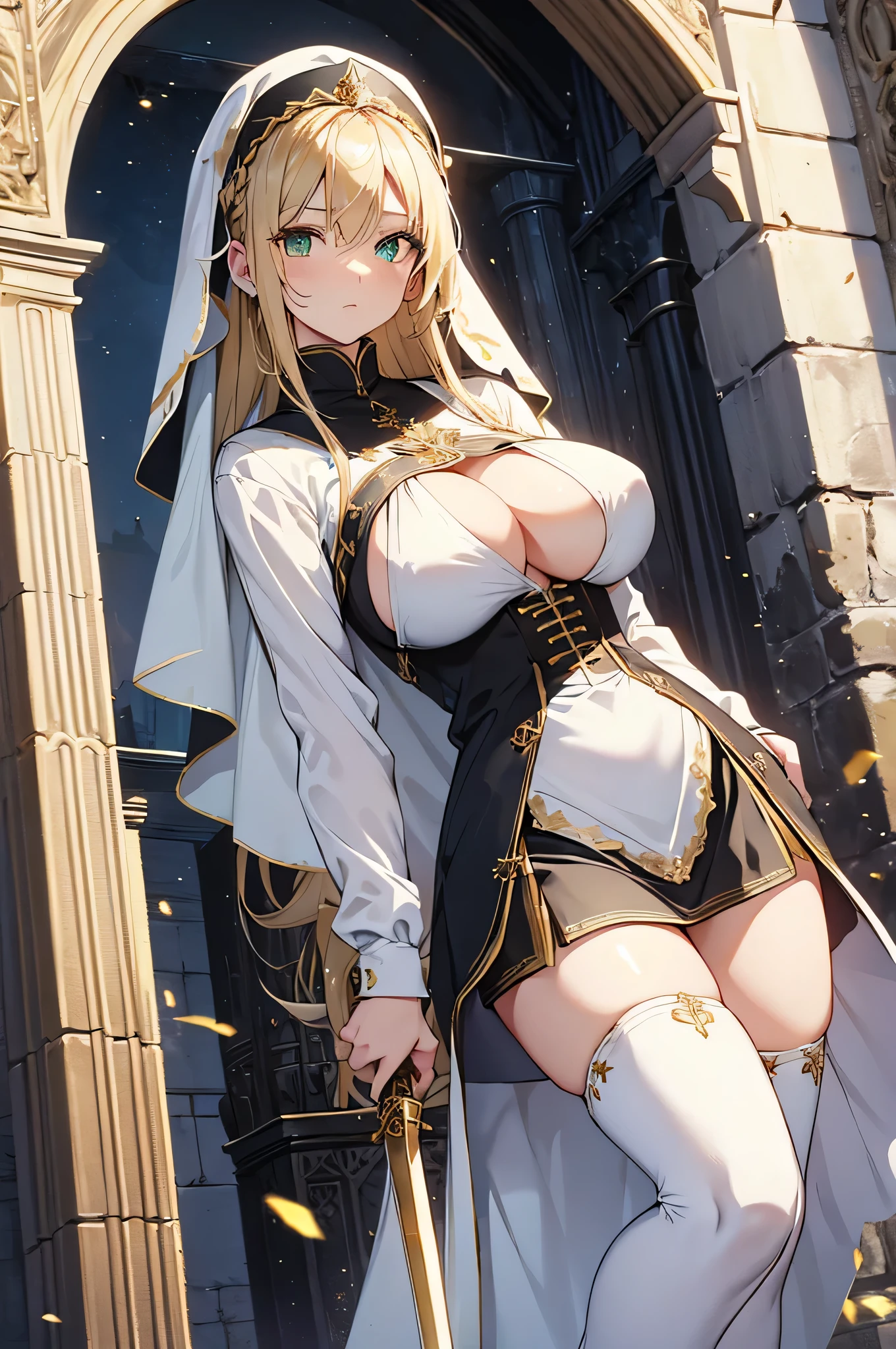 4K,High resolution,One Woman,Blonde,long hair,Braid,Green Eyes,Big Breasts,Nuns,White sacred armor,Sideboob,White boots,White Veil,Black tights,Jewelry decoration,Gold decoration,Long sword,Medieval town,In front of the church,Daytime Sky