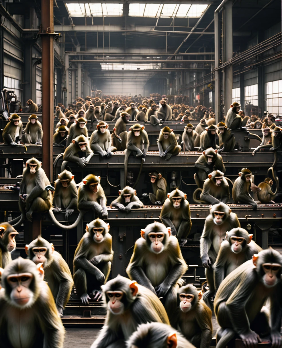 A bunch of humanoid monkeys working in a heavy materials industrial factory, everyone tired and serious, PICTURE REALISTIC, photo realist, perfect contours, best qualityer