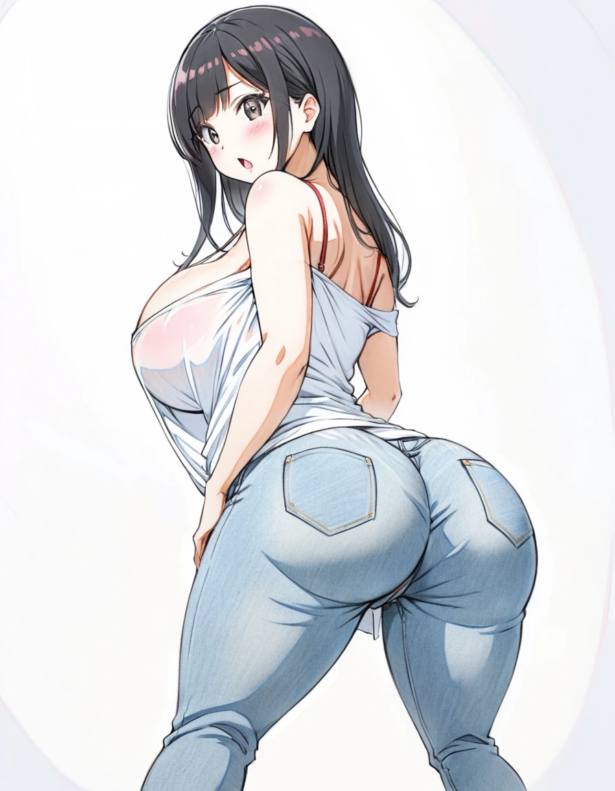 1woman,solo,milf,mature female,medium long hair,black hair,asymmetrical bangs,black eyes,plump,large breasts, oversized_white_t-shirt,(red_bra_under_shirt:0.6),bra_visible_through＿clothes,skin-tight_denim-pants,standing,leaning_forward,bare_one_shoulder,looking_back,surprise:0.6,blush:0.6,open_mouth,back,from_behind,from_below,hip_focus:1.4,fisheye,