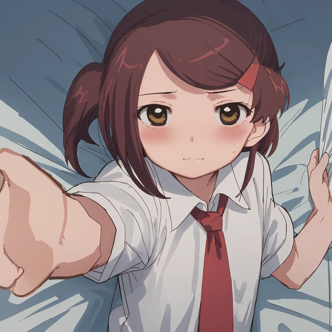 1girl, (suminoe_ako:1.3), solo, blush, closed mouth, white shirt, (red necktie:1.0), looking at viewer, bedroom, (on bed:1.35), (brown:1.0), short sleeves, (she's cumming:2)