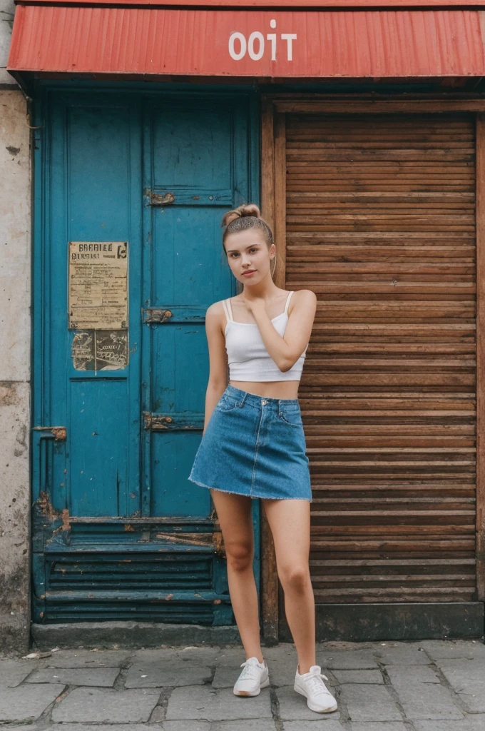 her name is An, high quality, 1girl, ((20-year-old fit Caucasian woman)), ((20 years old)), ((fit)), ((hair in a bun)), pose: standing, wearing unique gen Z modern wear, BACKGROUND: ived in the lively streets of Buenos Aires, where tango rhythms, grand European architecture, and vibrant nightlife are part of everyday life