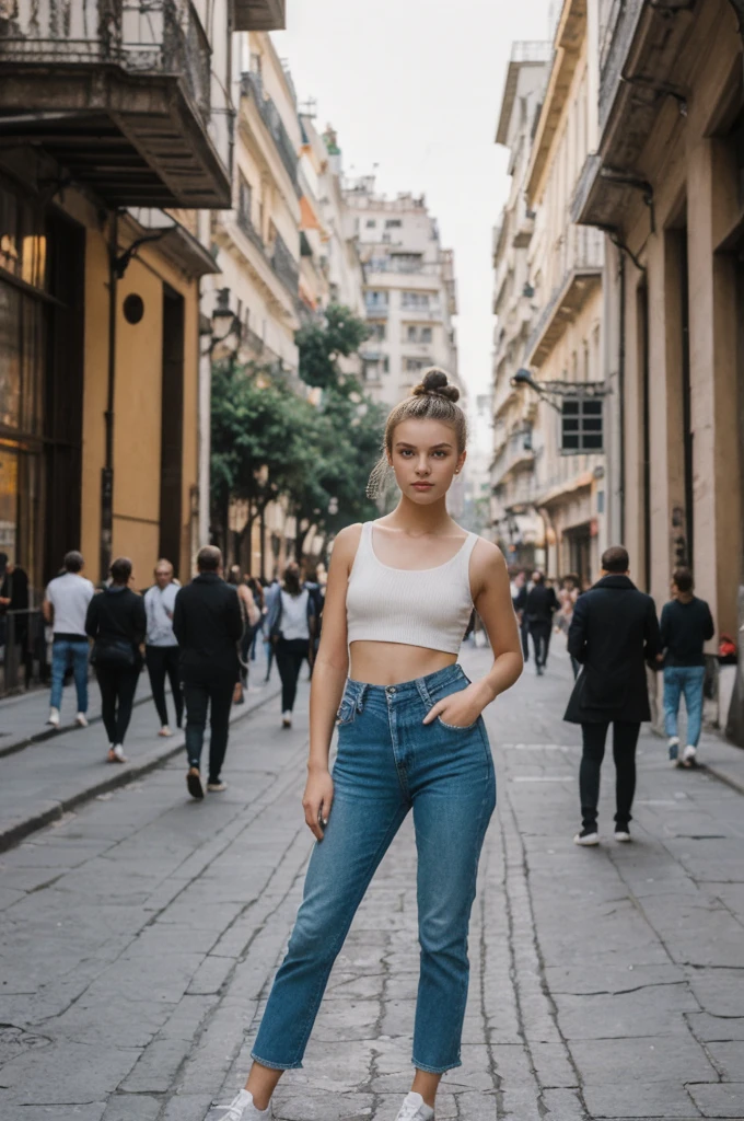 her name is An, high quality, 1girl, ((20-year-old fit Caucasian woman)), ((20 years old)), ((fit)), ((hair in a bun)), pose: standing, wearing unique gen Z modern wear, BACKGROUND: ived in the lively streets of Buenos Aires, where tango rhythms, grand European architecture, and vibrant nightlife are part of everyday life