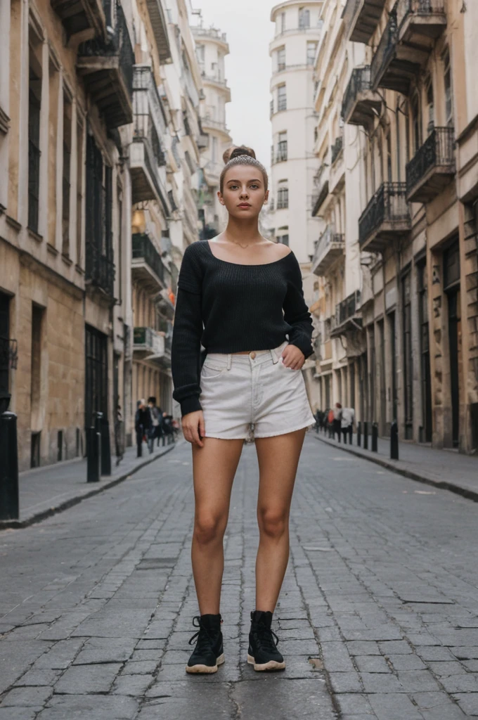 her name is An, high quality, 1girl, ((20-year-old fit Caucasian woman)), ((20 years old)), ((fit)), ((hair in a bun)), pose: standing, wearing unique gen Z modern wear, BACKGROUND: ived in the lively streets of Buenos Aires, where tango rhythms, grand European architecture, and vibrant nightlife are part of everyday life
