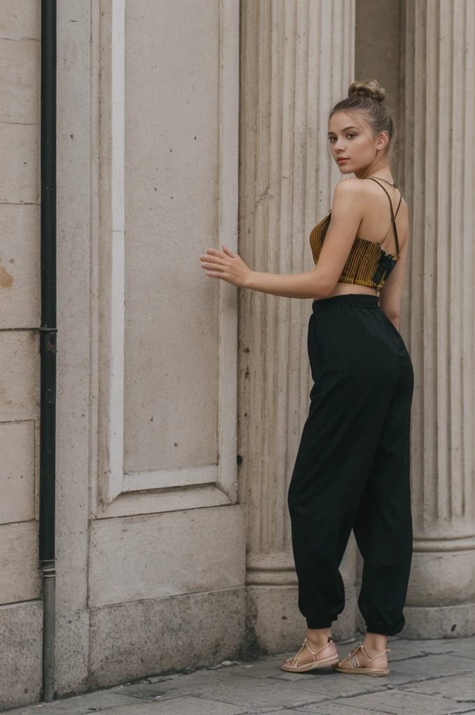 her name is An, high quality, 1girl, ((20-year-old fit Caucasian woman)), ((20 years old)), ((fit)), ((hair in a bun)), pose: standing, wearing unique gen Z modern wear, BACKGROUND: ived in the lively streets of Buenos Aires, where tango rhythms, grand European architecture, and vibrant nightlife are part of everyday life
