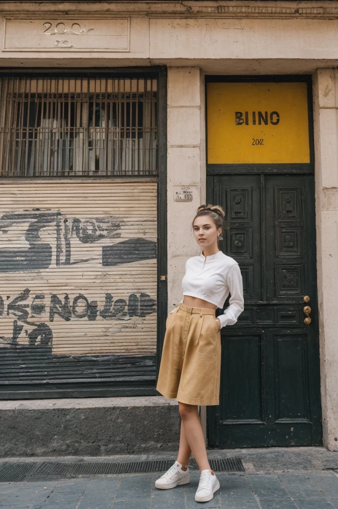 her name is An, high quality, 1girl, ((20-year-old fit Caucasian woman)), ((20 years old)), ((fit)), ((hair in a bun)), pose: standing, wearing unique gen Z modern wear, BACKGROUND: ived in the lively streets of Buenos Aires, where tango rhythms, grand European architecture, and vibrant nightlife are part of everyday life