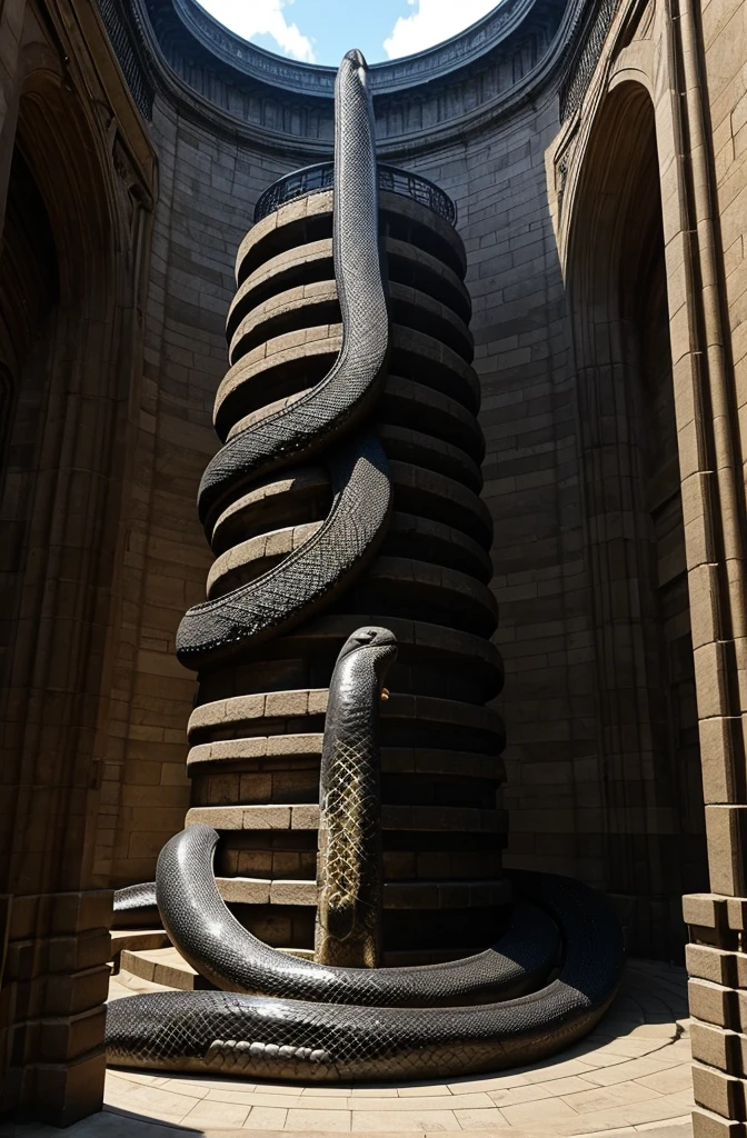 A black tower surrounded by a giant snake,The giant snake's eyes flashed red