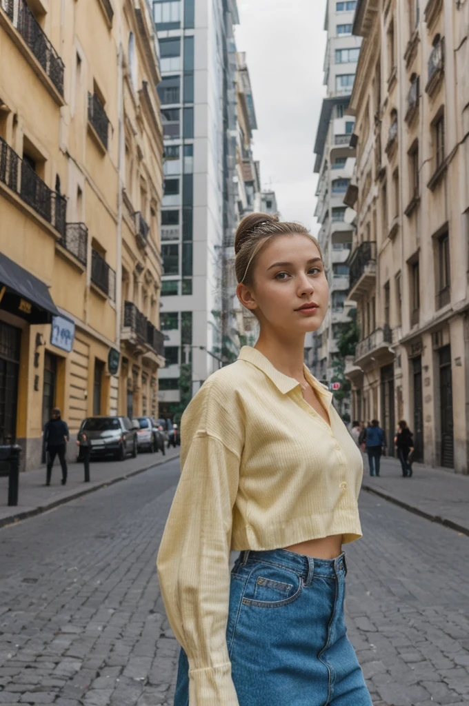 her name is An, high quality, 1girl, ((20-year-old fit Caucasian woman)), ((20 years old)), ((fit)), ((hair in a bun)), pose: standing, wearing unique gen Z modern wear, BACKGROUND: ived in the lively streets of Buenos Aires, where tango rhythms, grand European architecture, and vibrant nightlife are part of everyday life