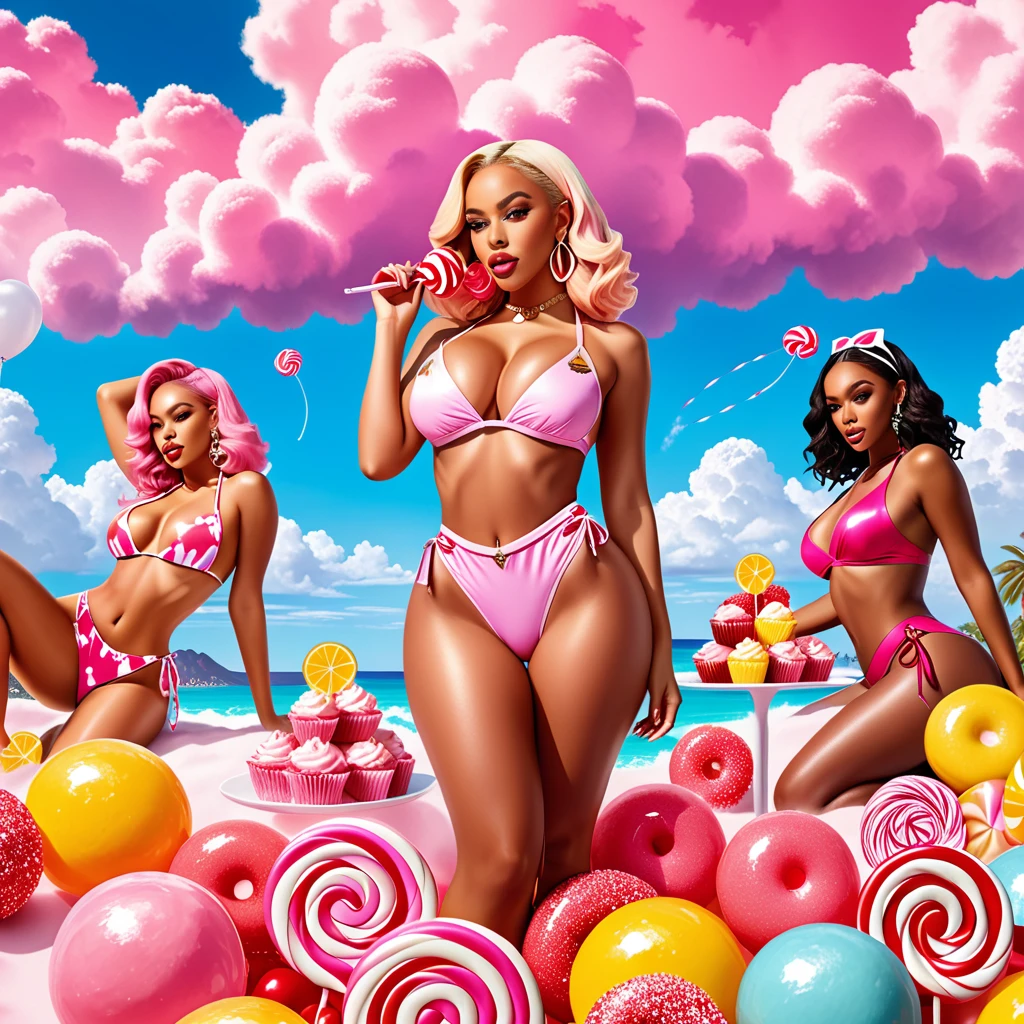 advertising poster, Promotional Photo of the Single Pop Rap CALIFORNIA GIRLS by the artist called Doja Cat, in the pink clouds dressed in bikinis, spread across the image various sweets, candies, lollipops, jellies, hair down to the feet, big ass, perfect body, landscape fantastic,