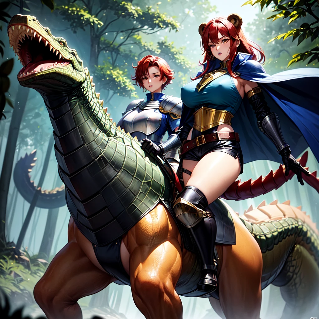 young Korean woman with golden eyes and a tail of lush red hair and big red horn, tanned bronze skin, huge chest, dressed in a blue coat with rolled up sleeves, a steel breastplate, a wide leather belt, leather shorts, leather gloves, rides a powerful mutant half crocodile half bear in armor on background of a dense forest, dark fantasy,