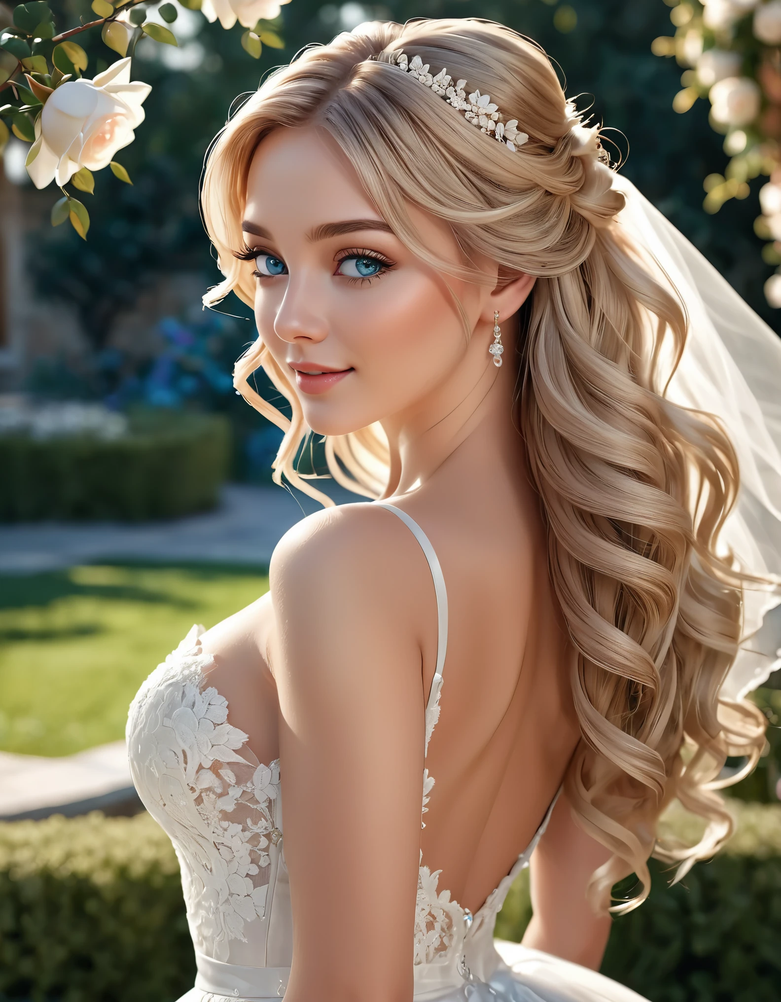 (masterpiece, best quality, beautiful and aesthetic:1.3), side, back, 1 beautiful woman, Happy,  light smile,  (blonde hair), Absurdly long hair, half updo half up half down, wavy end, shiny hair, Flowing hair, (glowing sea blue eyes), Exquisite eyes, Aqua eyes, Super high detail eyes, long upper eyelashes, cosmetic, focus on face, Very rich facial details, Pretty Face, Perfect breasts, Hot body, (The skin texture is delicate:1.2), white Wedding dress, Lace-trimmed dress, transparent, Wedding dress, outdoor, White Rose, garden, morning, Everlasting, Very detailed, detailed background, Octane Render, shallow depth of field