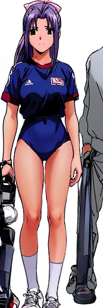 Momoko Koigakubo, a tall girl with beautiful legs, is standing with a smile on her face in a white gym uniform and light navy blue bloomers that look like panties.。Momoko Koigakubo is holding a boy in a jersey。