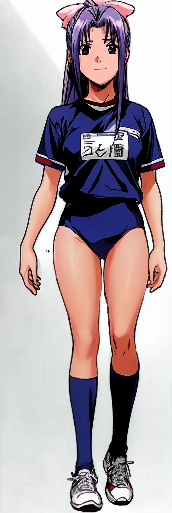 Momoko Koigakubo, a tall girl with beautiful legs, is standing with a smile on her face in a white gym uniform and light navy blue bloomers that look like panties.。Momoko Koigakubo is holding a boy in a jersey。