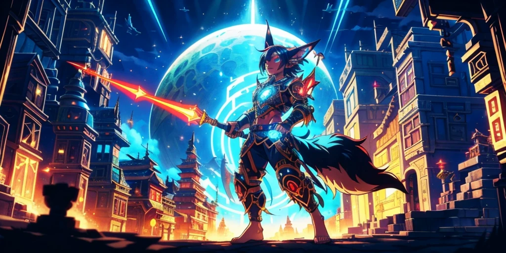 Ancient anime style, artbook, comicbook, RPG, futuristic medieval.  Goblin fox warrior, dark red skin, with human face with light red glowing tribal magical tattoos, goblin base with fox features, neon details, with technological tribal armor with glowing magical markings, full body, bare feet, spear with magical markings shiny.  Epic scene, wide and deep scenery, with several depth planes, stylish and dynamic pose.  In the middle of a magical steampunk technological village, mixing technology and vegetation, buildings with neon details and glowing magical vegetation, magical technological airships with shiny details inspired by ships flying in the sky.