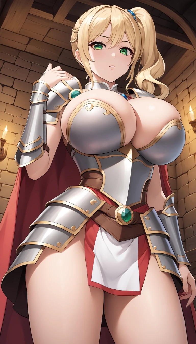 ((masterpiece)), ((high quality)), ((super detailed)), ((high resolution)) ,((8k)), a beautiful woman, ((She is one of the most famous female Thief)), unparalleled beauty, ((huge breast)), ((large ass)), ((deep cleavage)), slim waist, chest out, ultra detailed face, perfect skin, (((Blonde hair in a side ponytail))), Green eyes, detailed eyes, whole body image, (((anime))), ((glamorous)), 21 years old, ((incredibly beautiful woman)), ((The G cup bust)), ((((Light Armor, Light clothing)))), ((beautiful breasts)), beautiful legs, 8 life size, anime, the most beautiful, ((charm)), ((Grown-up face)), ((Perfect fingers)), ((Bewitching)), ((A young heroine)), ((((from below)))), ((Inside the dungeon, Adventurer)),