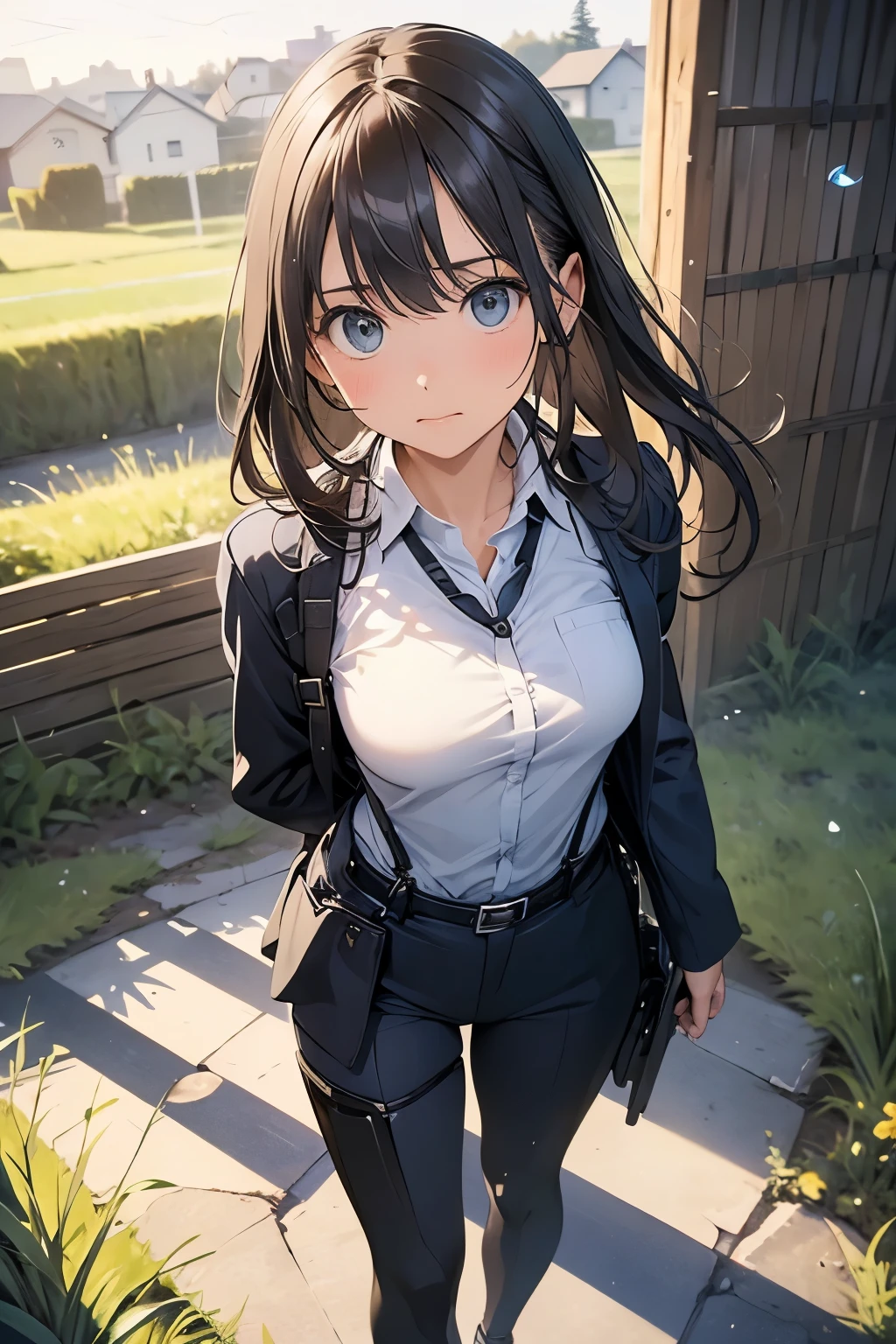 high quality, masterpiece, Ultra-high resolution, (realism: 1.4), Oil painting style, Cinema Lighting, An endless grassland dotted with a few houses, I stood on the empty asphalt road and looked at it., Fairy Mountain々was shrouded in mist, And the suspenders with the cranes flying Moderate breasts Small face holster Lying in bed Looking up Sweat belt summer 脇Sweat Black Hole Gloves suit shirt Black jacket Black trousers Leg Links ズボンにbelt holster Hands behind your back Anxious expression Looking up Anxious face