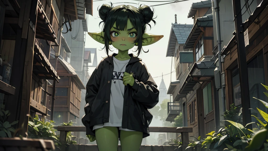 Best god quality, detailed, perfect anatomy, little goblin girl, goblin in big shirt, she is wearing an oversized shirt, raining, it's raining hard, night, house, pointy ears, long ears, green skin, she has black hair, cute, big green eyes, looking at camera, black hair buns, black hair, looking at viewer, cute, adorable, solo, emerald eyes, only wearing shirt shirt, single large shirt, socks, black hair, cute goblin, goblin girl, female goblin, mischievous look, excited expression, smug, (((SOLO))), (girl in middle standing)