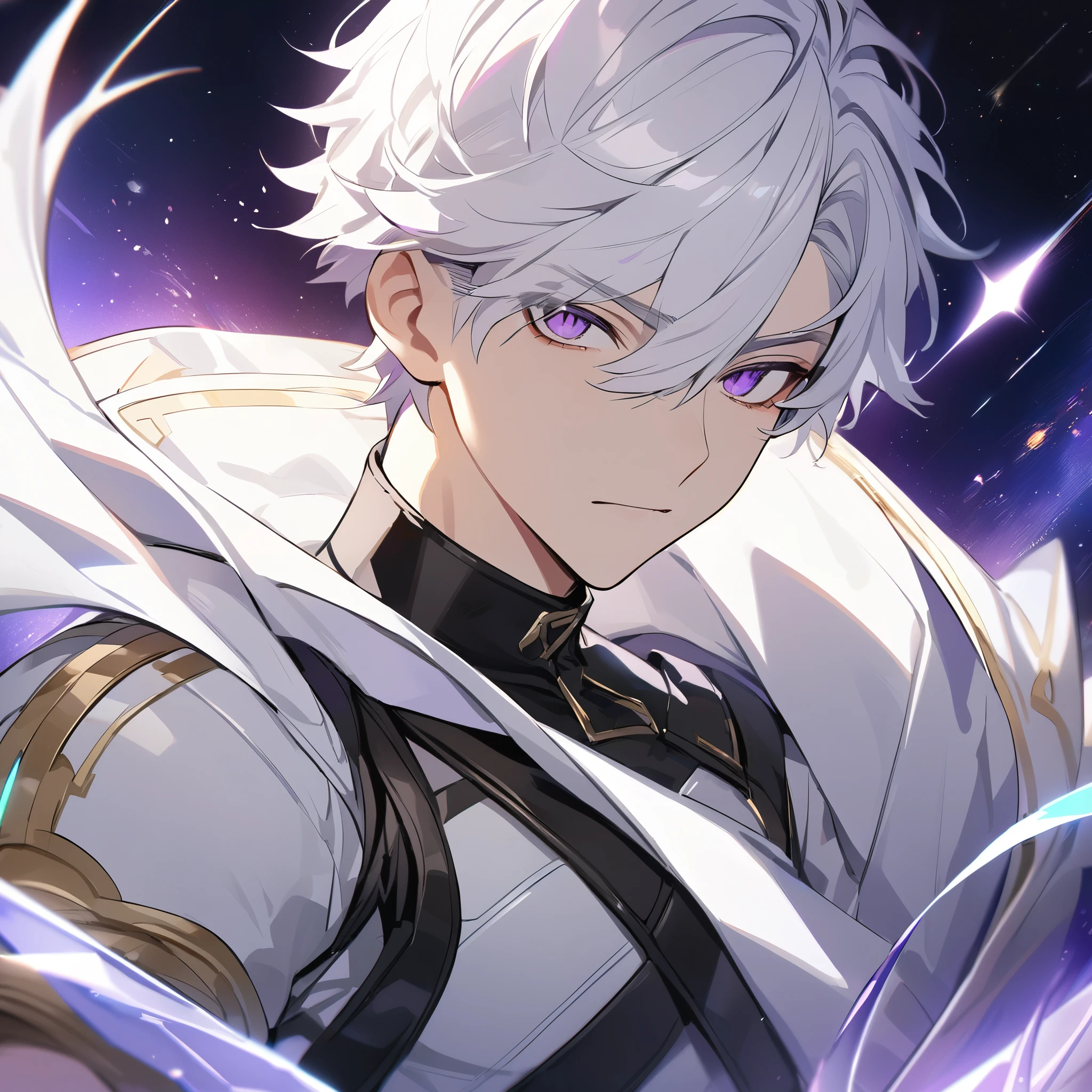 High quality, HD, 4k, no shadows, handsome male, 1male, , teenager, go lining, short white hair, sharp eyes, dark purple eyes, deep purple eyes, devil may cry, close up, calm expression, stoic expression, black leather clothes, white leather clothing, lean body, well trained body, upper body, looking at viewer, cowboy shot, white solar, space background