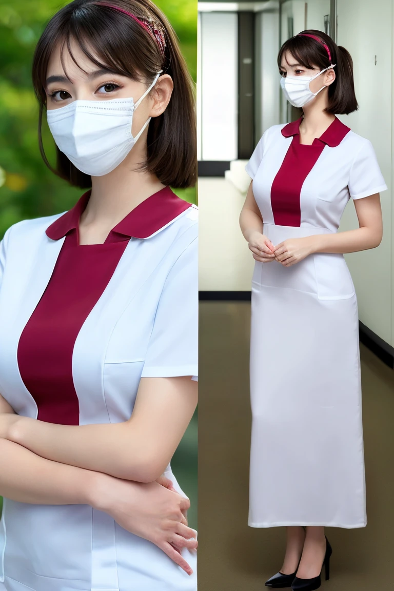 1 Girl,(Wearing white nurse clothes:1.2),(RAW Photos, Highest quality), (Realistic, photo-Realistic:1.4), masterpiece, Very delicate and beautiful, Very detailed, 2k wallpaper, wonderful, finely, Very detailed CG unity 8k wallpaper, Very detailedな, High resolution, Soft Light, Beautiful detailed girl, Very detailed eyes and face, Beautiful and detailed nose, finely beautiful eyes, nurse, Perfect Anatomy, Black Hair, Upstyle, nurse uniform, ((mask)), Long skirt, nurse, White costume, thin, hospital, clear, White Uniform, hospital room, Neck auscultation,Bobcut、Flip up the skirt、20th Generation