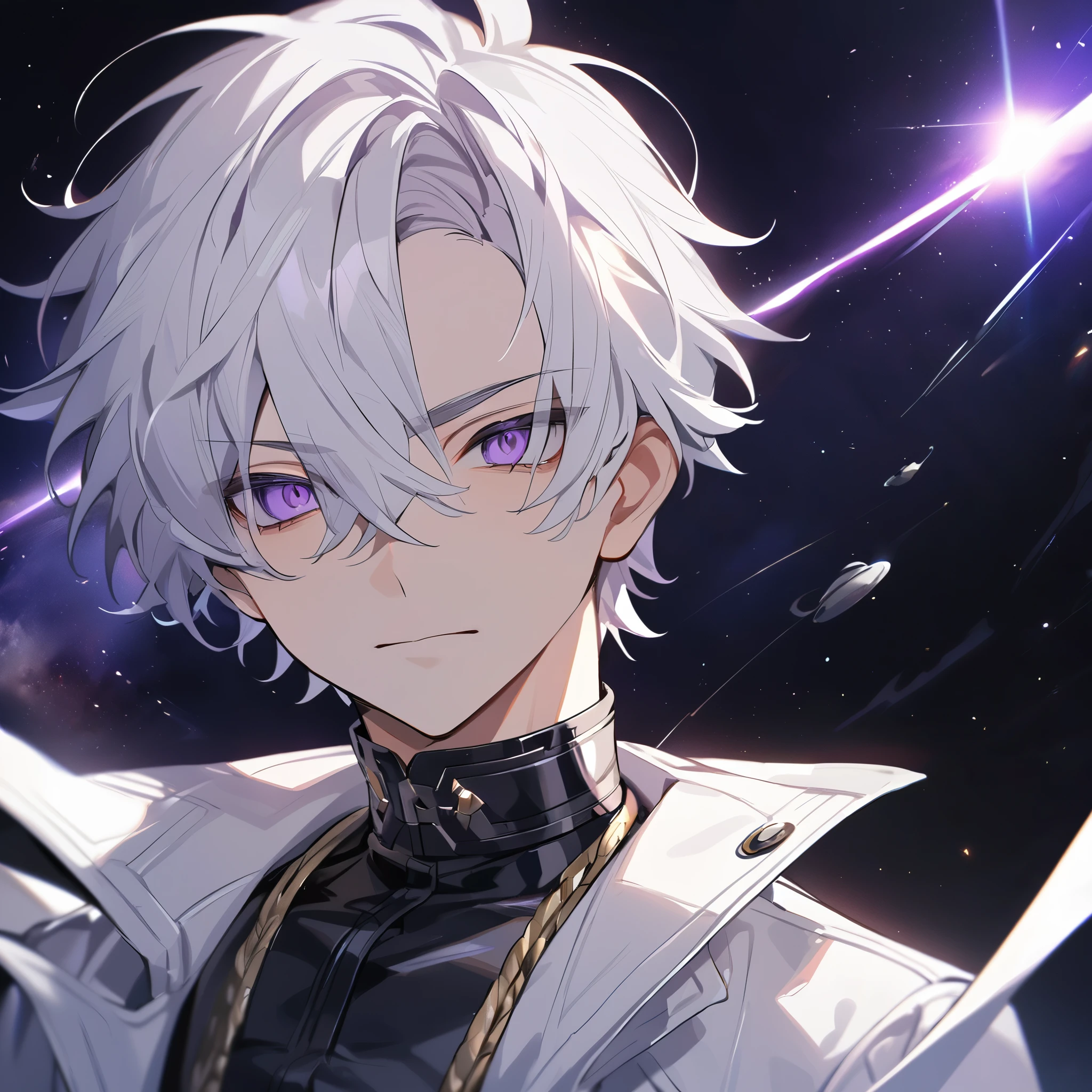 High quality, HD, 4k, no shadows, handsome male, 1male, s old, teenager, golden lining, short white hair, sharp eyes, dark purple eyes, deep purple eyes, devil may cry, close up, calm expression, stoic expression, black leather clothes, white leather clothing, lean body, well trained body, upper body, looking at viewer, cowboy shot, white solar, space background