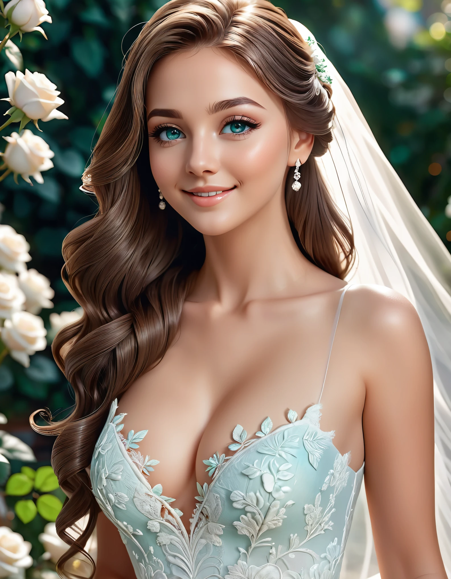 (masterpiece, best quality, beautiful and aesthetic:1.3), side view, look back, 1 beautiful girl, Happy, smile, (brown hair), Absurdly long hair, half updo half up half down, wavy end, shiny hair, Flowing hair, (glowing emerald-blue eyes), Exquisite eyes, Aqua eyes, Super high detail eyes, long upper eyelashes, cosmetic, focus on face, Very rich facial details, Pretty Face, Perfect breasts, Hot body, (The skin texture is delicate:1.2), white Wedding dress, Lace-trimmed dress, transparent, Wedding dress, outdoor, White Rose, garden, morning, Everlasting, Very detailed, detailed background, Octane Render, shallow depth of field