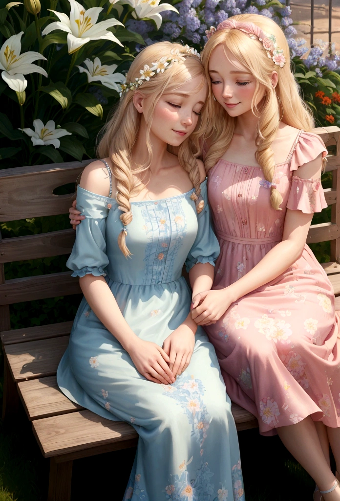 Lily's beautiful mother, Anna, joins her on the bench. Anna has long, wavy blond hair and wears a pink dress with a floral pattern. She looks lovingly at Lily, who has long blond hair, sparkling blue eyes, and wears a light blue dress adorned with small flowers. The bond between them is evident as they share a moment of quiet joy. The sun shines brightly, and the garden is in full bloom.