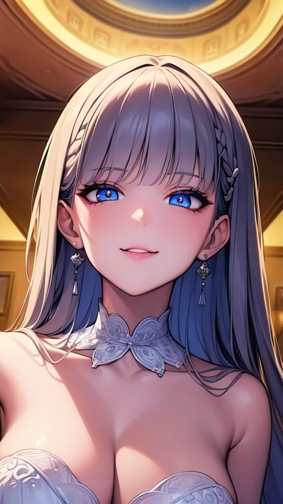 ((Masterpiece)), ((Best Quality)), (ultra detailed), ((extremely detailed)), 4k, (8k), Best Quality, (beautiful), animated style, look up from below, bar, evening, a pretty girl, 1 girl, Alone, It lasts, beautiful rainbow hair, beautiful blue eyes, ((beautiful eyes)), White skin, earrings, neck, SMILE