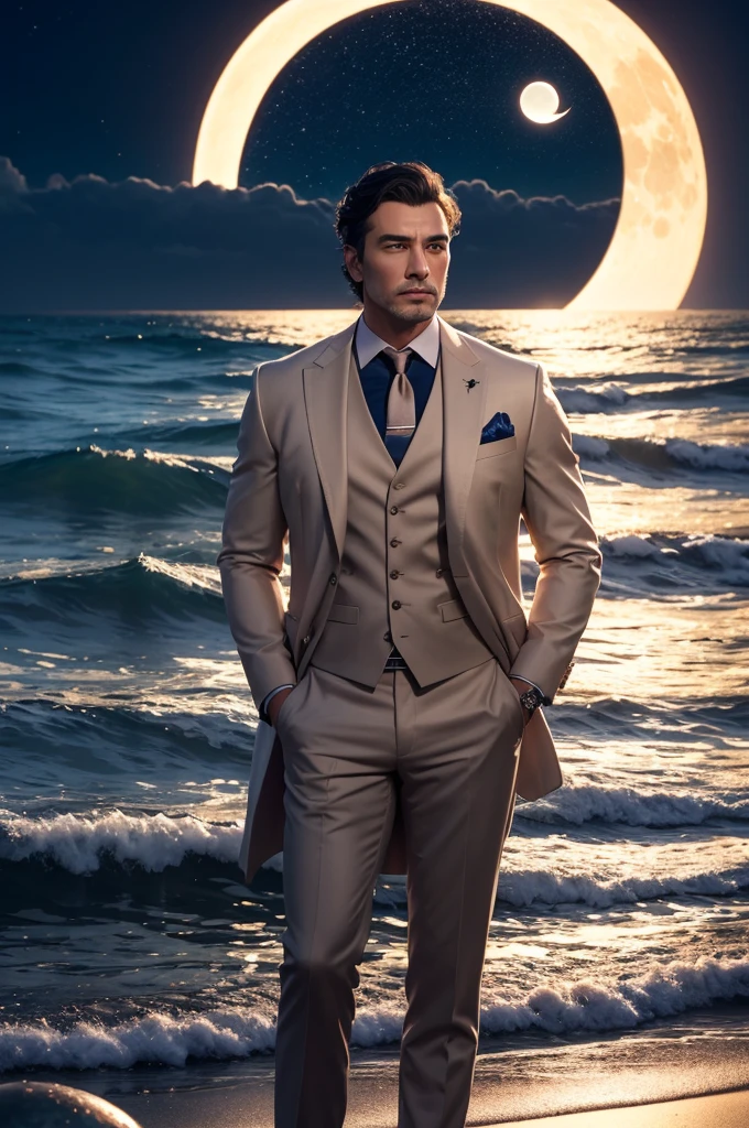 Create a three-dimensional 3D image of a strong, handsome man in elegant clothes looking up at a large, radiant moon reflecting the light at the seashore with waves of radiant colors