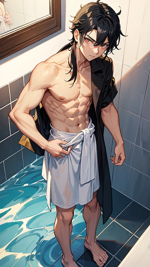 Boy with black hair and golden eyes dressed in a waist-high bath towel, fresh from bathing