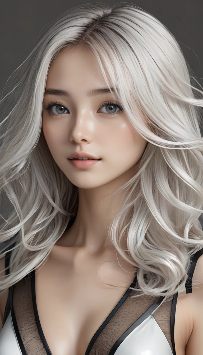 masterpiece, (hyper Detailed Best Quality:1.4), Realistic, fashion portrait, (1 girl, beautiful woman:1.2), (full body shot, fashion model:1.2), BREAK beautiful young, small head, BREAK Detailed body line, Detailed buttocks, Detailed legs, (large breasts, impossible clothes, round buttocks), (very slim waist:1.2), (beautiful long legs, beautiful foot:1.2), White and beautiful oily skin, thin and beautiful neck, small head, (wide angle:1.2), (all body shot from below:1.2), BREAK Detailed all body wear, Transparent Ribbon Layered Ensemble Transparent Ribbon Layered Ensemble, Construct a futuristic, minimalist costume featuring layers of sheer ribbons wrapping around the body in intricate patterns, Emphasize the sleekness of the design with a monochromatic palette of black and white, Highlight the curves of the figure with strategically placed ribbons, creating a harmonious blend of opacity and transparency, Enhance the ensemble with geometric accessories for a modern touch, Opt for a serene expression to complement the avant-garde aesthetic, BREAK small head, Detailed face, cute and Pretty slim face, Duck mouth, perfect beautiful Tooth, arranged gray hair, shiny eyes, Light-colored eyes, looking viewer, BREAK (in a concrete, Realistic black Shadow, Realistic white lightning:1.2),