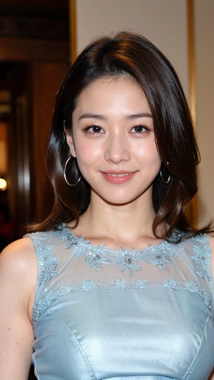 ((Highest quality、8K、masterpiece:1.3))、Realistic, Sharp focus, High resolution, High resolution,Photograph the upper body, One person、Japanese women, Beautiful woman, (((Light Blue Dress)))、30 years old, Glamorous figure, Medium Long Hair,smile、On the Plateau