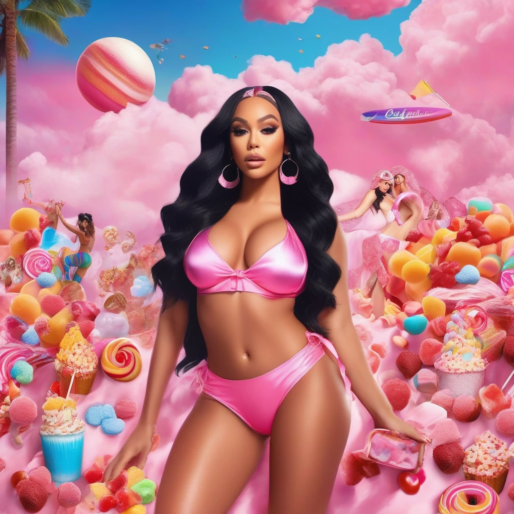 advertising poster, Promotional Photo of the Single Pop Rap CALIFORNIA GIRLS by the artist called Doja Cat, in the pink clouds dressed in bikinis, spread across the image various sweets, candies, lollipops, jellies, hair down to the feet, big ass, perfect body, landscape fantastic,