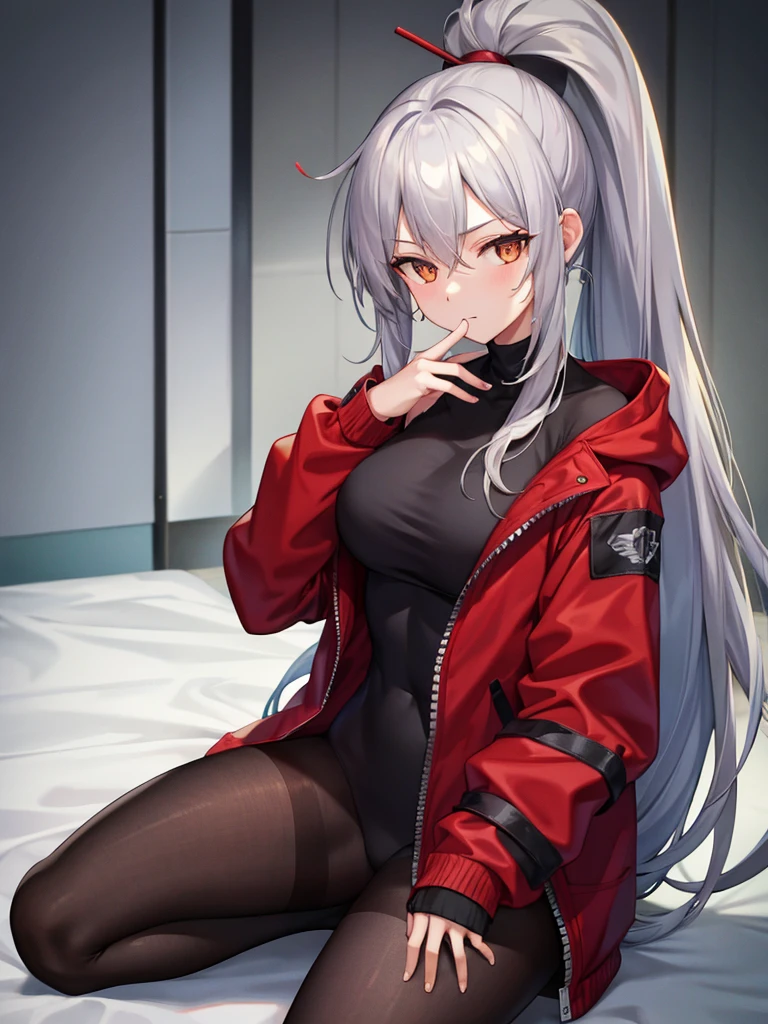 Tall, slim, She has long grey hair tied back in an enormous, messy ponytail that reaches down to her thighs, some of her hair is covering one of her eyes, she wears a red jacket, wearing a black full-body suit, golden eyes