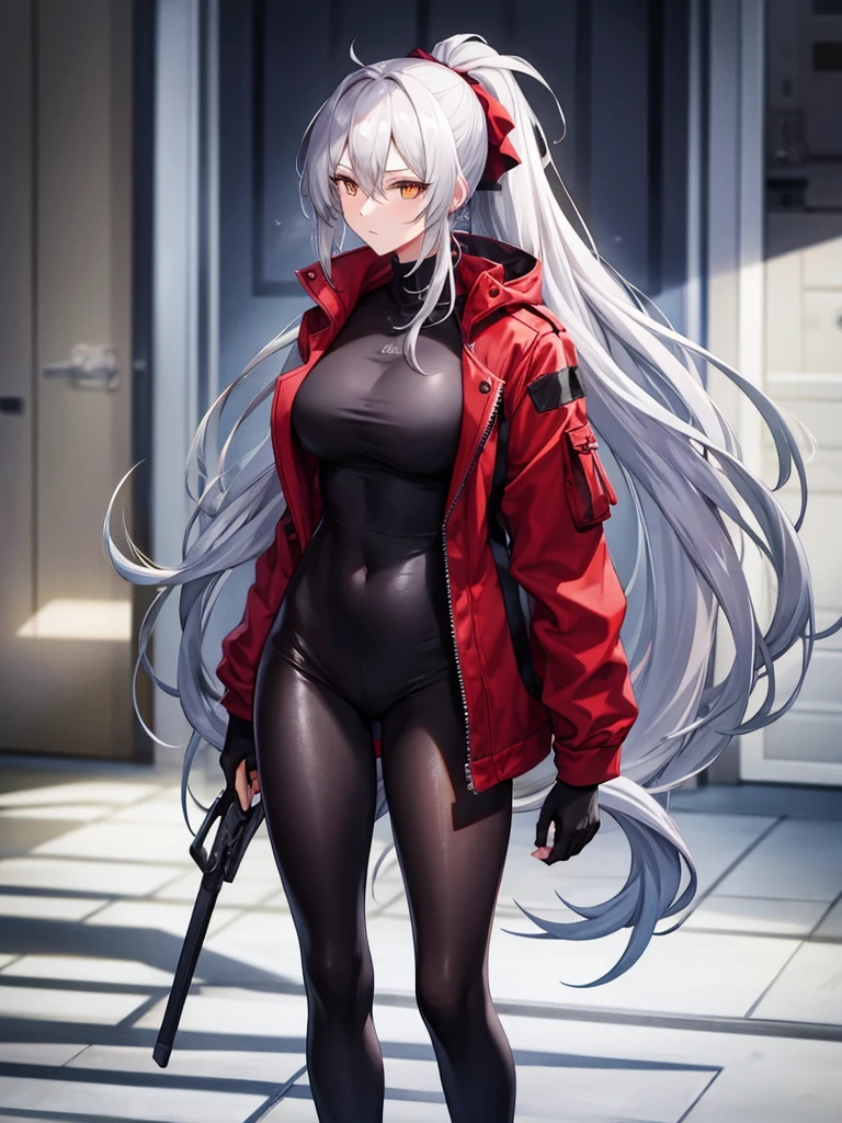 Tall, slim, She has long grey hair tied back in an enormous, messy ponytail that reaches down to her thighs, some of her hair is covering one of her eyes, she wears a red jacket, wearing a black full-body suit, golden eyes