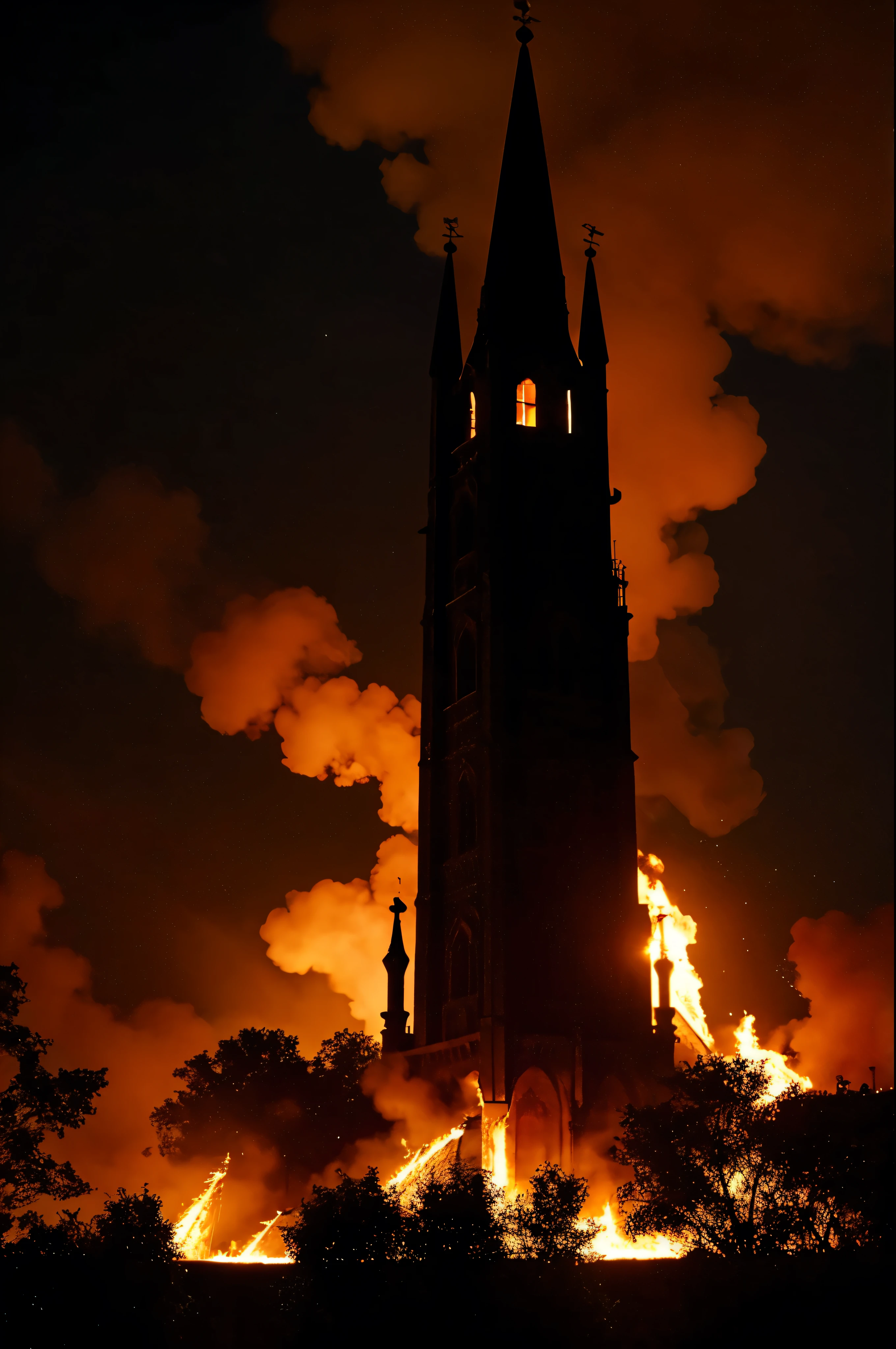 A towering tower,Medieval black tower surrounded by flames