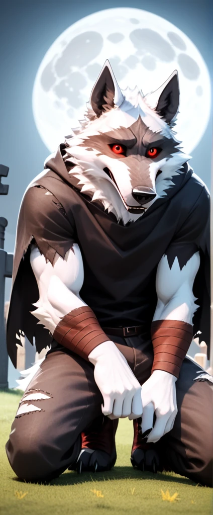 score_9, score_8_up, score_7_up, rating_safe,source_furry,anthro,source_anime 3D, (A scene taken from a Hollywood film where a werewolf with red eyes He's kneeling alone in a cemetery with a full moon and the howling) (and he probably has all his clothes torn up and is just wearing blue underwear) (looking at camera looking sad)