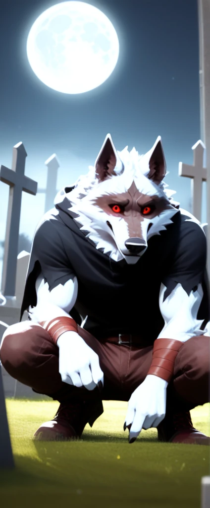 score_9, score_8_up, score_7_up, rating_safe,source_furry,anthro,source_anime 3D, (A scene taken from a Hollywood film where a werewolf with red eyes He's kneeling alone in a cemetery with a full moon and the howling) (and he probably has all his clothes torn up and is just wearing blue underwear) (looking at camera looking sad)