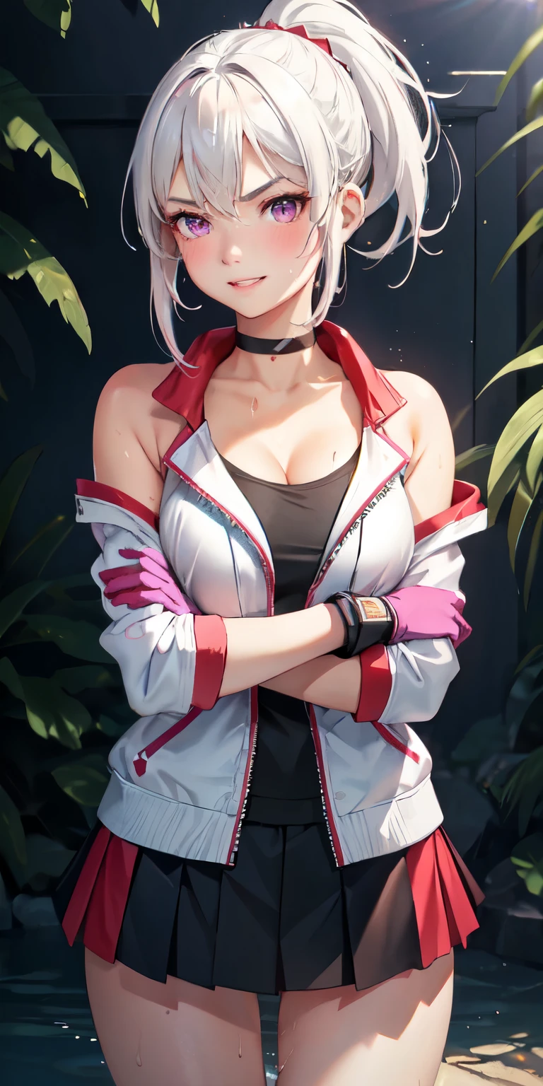 realistic, 1girl, ponytail, parted lips, blush, makeup, light smile, white hair, sportswear, skirt, wet clothes, glow, thighs, purple eye, bare shoulders, collarbone, narrow waist, sunbeam, sunlight, rose, wind, cleavage, (masterpiece), sweat, (best quality:1.2),solo,1girl,mdrin,smile,looking at viewer,crossed arms,ponytail,v-shaped eyebrows,white jacket,red shirt,fingerless gloves,black skirt,choker