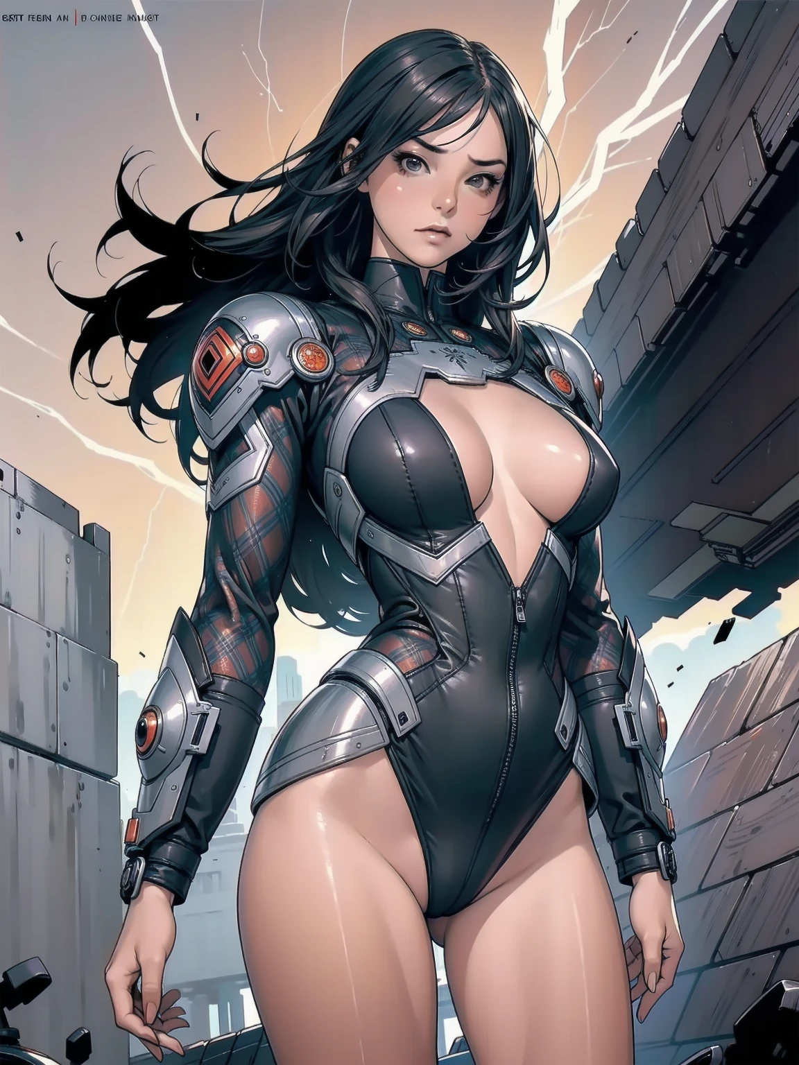 (((Woman))), (((best qualityer))), (((masterpiece))), (((grown-up))), (((1 girl))), ((( Bblack hair ))), (((plaid pattern))), (((texturas))), (((ink spatter))), (((grain))), Girl in combat gear in the middle of a war against cybernetic beings, short clothes, armed with futuristic revolvers, angry expression, warm colours, long hair with bangs, costume with geometric patterns and wear textures, gorgeous face, wind giving hair movement, in the background explosions, lightning and destruction, robotic fierce enemies, clean face, tiny leather panties, jacket with intricate textures, almost naked in Simon Bisley's wild urban style for the cover of Heavy Metal magazine, Spectacular colorful graphics, Minimal clothing, outfit with checkered sleeves in red and white, (((from the knee up))), ((( short black hair ))), Ao fundo, a wall painted with an intricate design, (((self-contrast of the character with the background))), Two-tone lighting, film grain