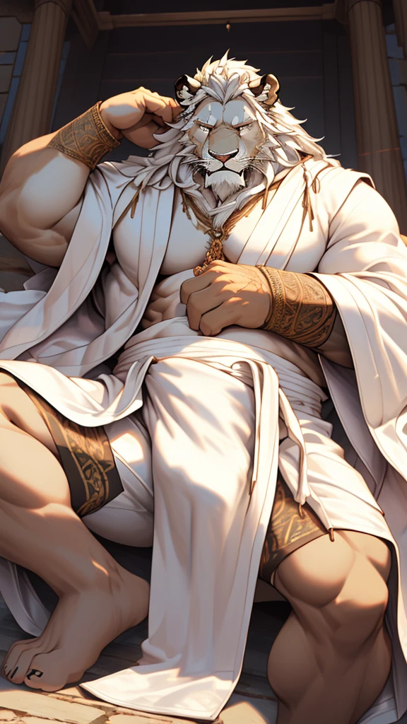 (masterpiece),(highres),(intricate details:1.4),extremely detailed,(illustration:1.2),8k,photorealistic,exquisite,solo, (Bold perspective),aged,elder male lion ,muscular, (Ancient Greek mythological style;1.8)(white robe:1.6),manhood,safeguard,(white hair:1.3),long hair,long white beard,scar,(badly damaged),(sacrifice),hurt,broken body ,(lying on the ground),(bulging crotch:1.8)