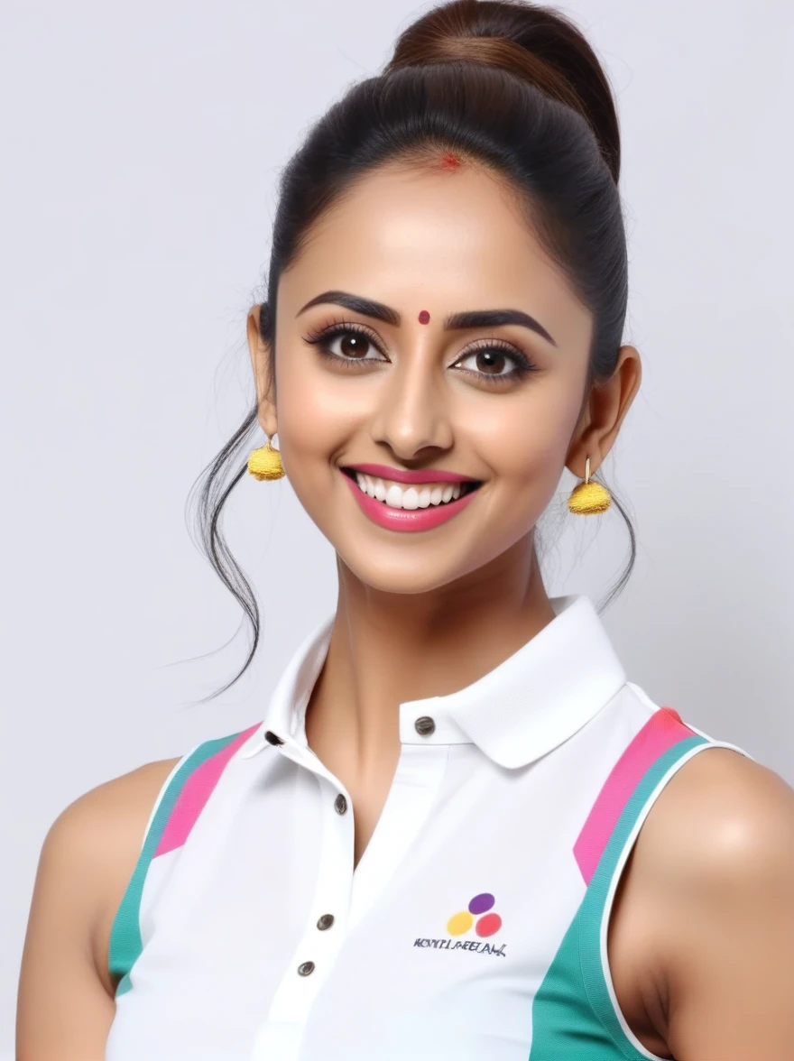 hires monochromatic headshot photo of 30-year-old Rakul Preet Singh, ultra sharp, looking straight at camera, dynamic pose, smiling, high ponytail, high-neck colorful cotton sleeveless polo,  simple white stucco background, 